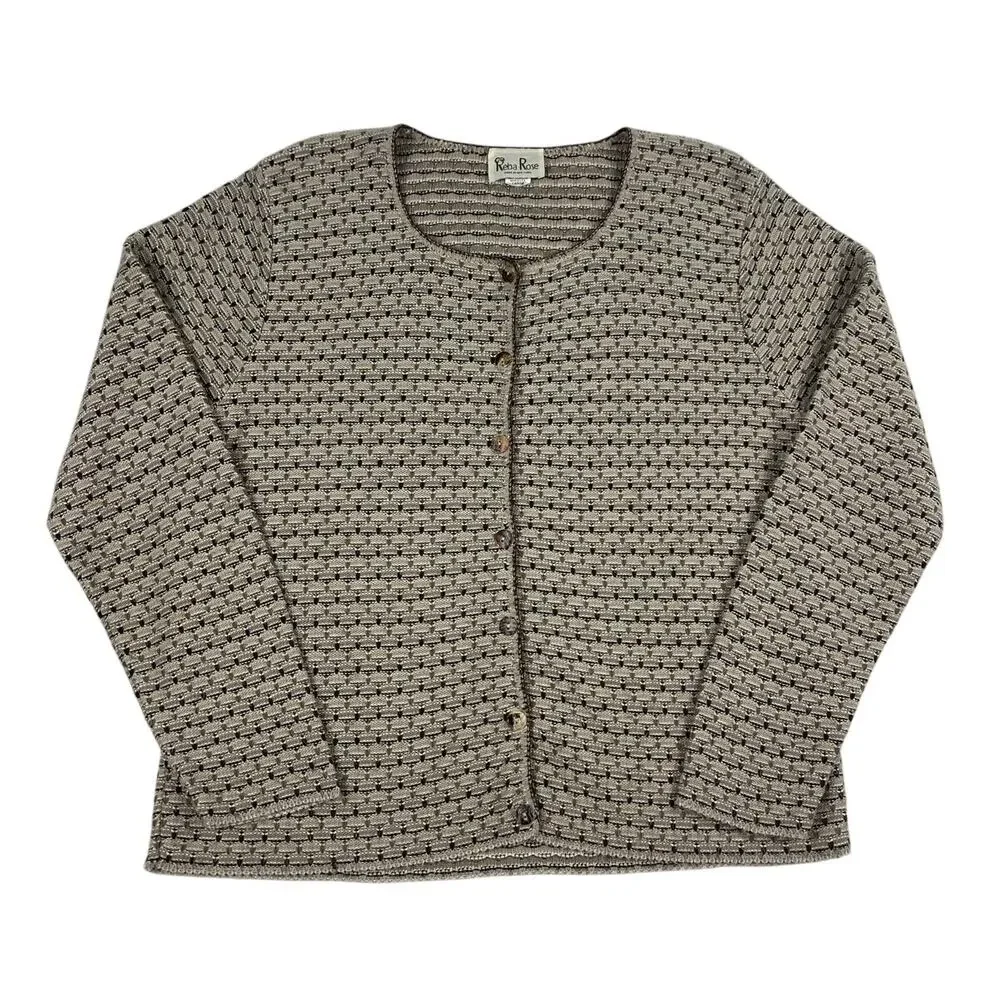 Vintage Knit Cream Brown Sweater Cardigan Button Up Made in New York Size Large